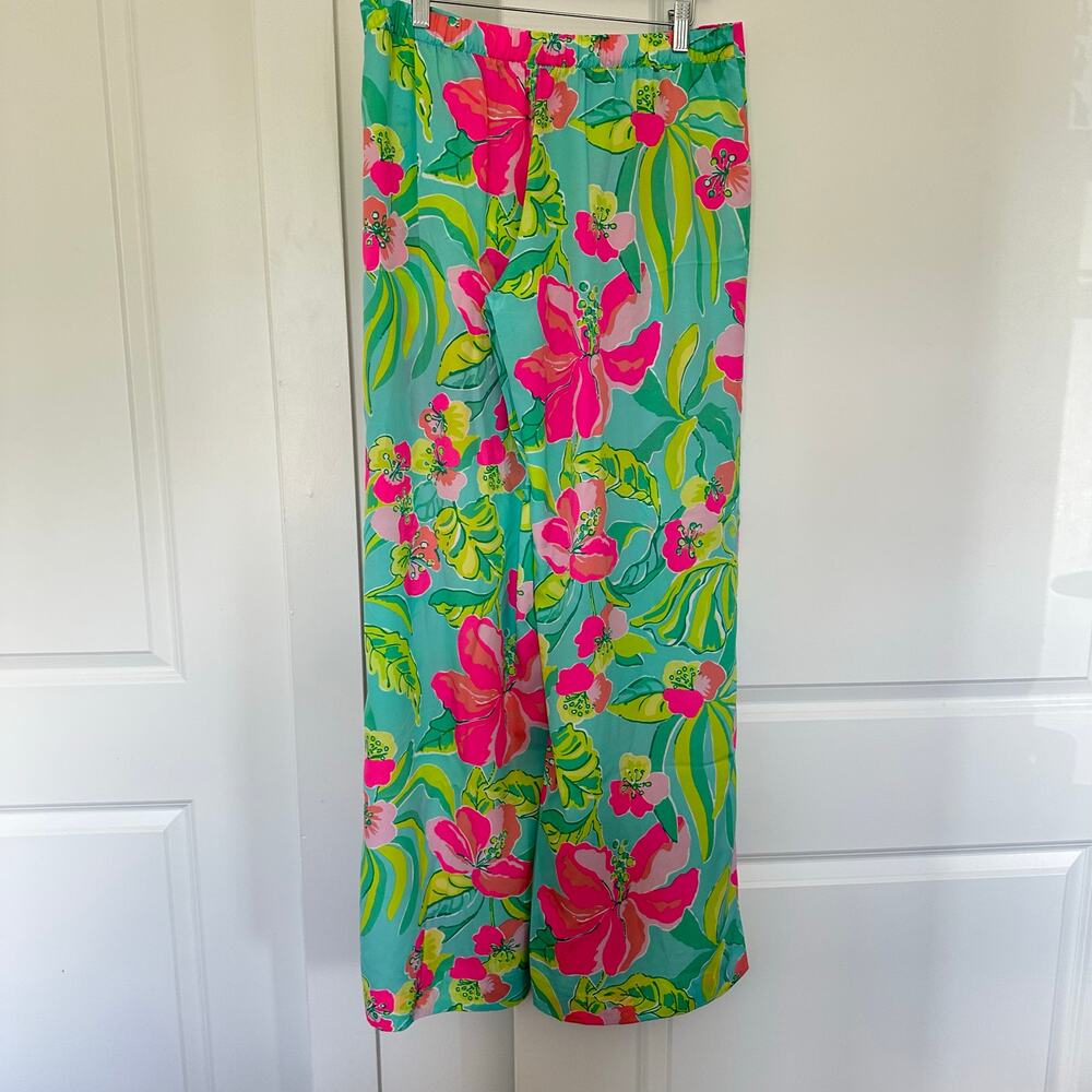 Lilly Pulitzer (M) Turquoise Hibiscus Floral Print Wide Leg Lightweight Pant - Picture 2 of 8